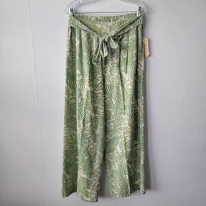 Midnight Sky womens Floral Wide Leg  Pants sz L tie wasit Tropical Beach Coastal